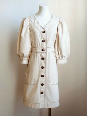 Tory Burch Cream Button-Front Puff-Sleeve Dress Size4 Excellent condition